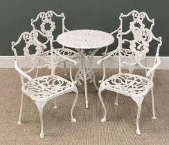 WHITE PAINTED CAST METAL PATIO SET, comprising circular table, 67 (h) x 59cms (diam.) and four