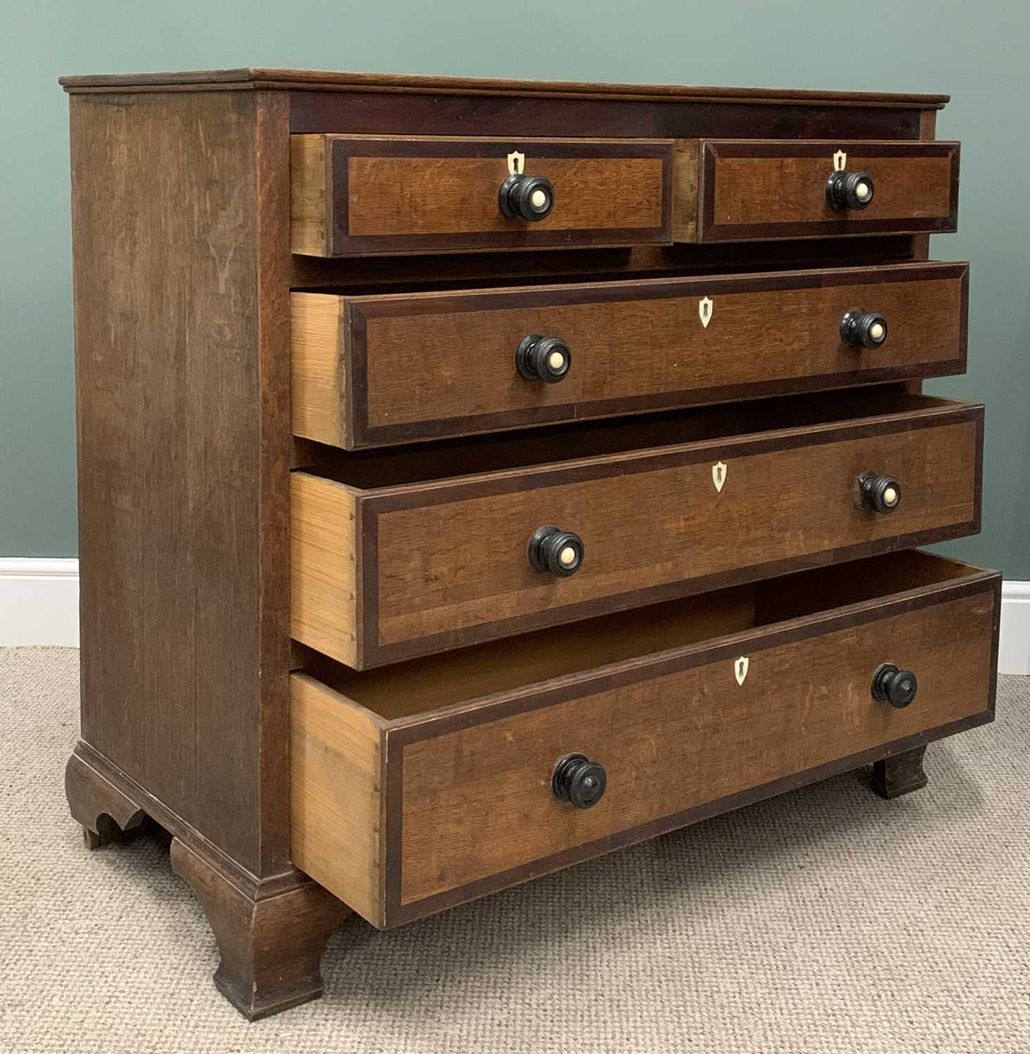 ANTIQUE OAK & CROSS BANDED MAHOGANY CHEST circa 1850, two short, three long pine lined drawers, - Image 4 of 6