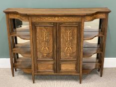 VICTORIAN INLAID WALNUT SIDE CABINET, shaped top, frieze and shelves, mirrors to the shelf backs,