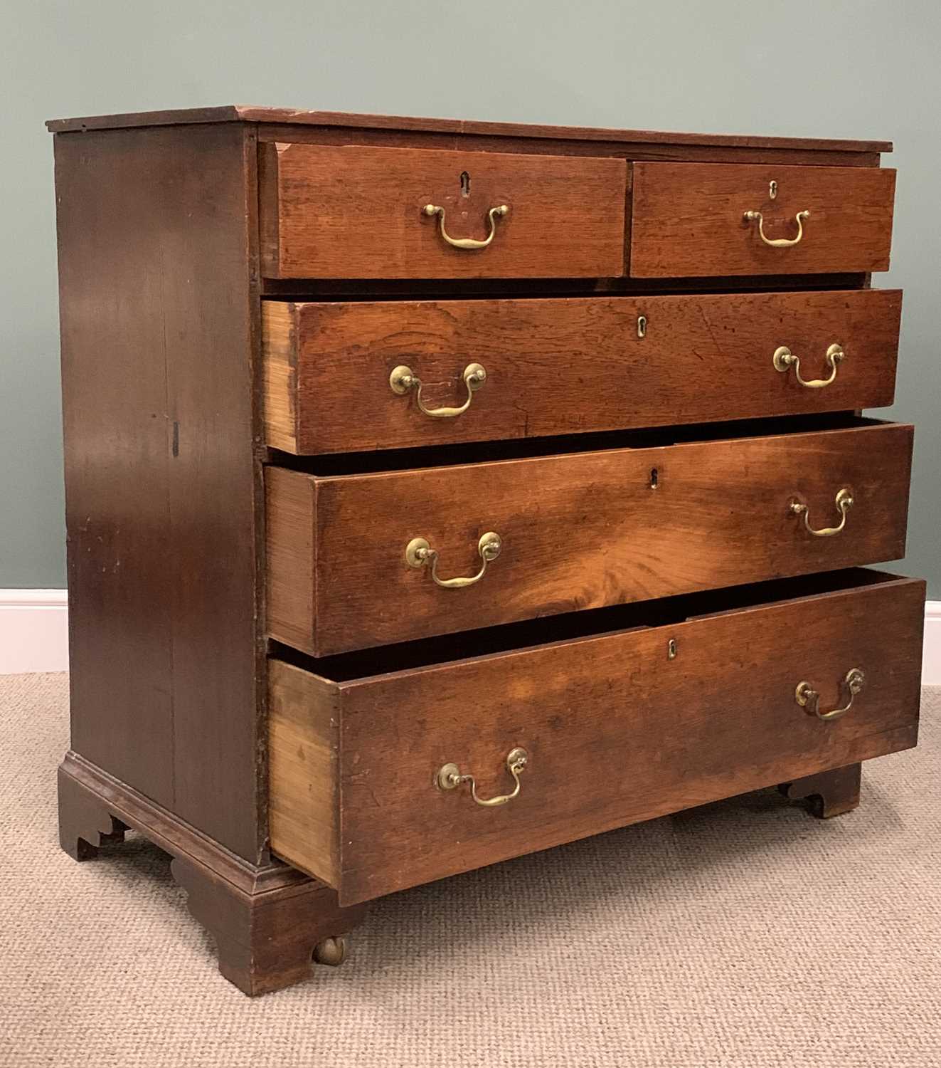 GEORGE IV OAK CHEST, two short, three long pine lined drawers, replacement brass pommels, swan - Image 3 of 5