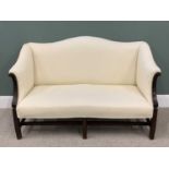 REGENCY MAHOGANY TWO SEATER SETTEE, re-upholstered, shaped back, carved curled arm front details,