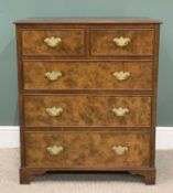 BURR WALNUT CHEST, two short, three long oak lined drawers, cockbeaded edgings, replacement brass