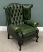 GREEN LEATHER BUTTON BACK WING ARMCHAIR, studded detail, Queen Anne front supports, 107 (h) x 92 (w)