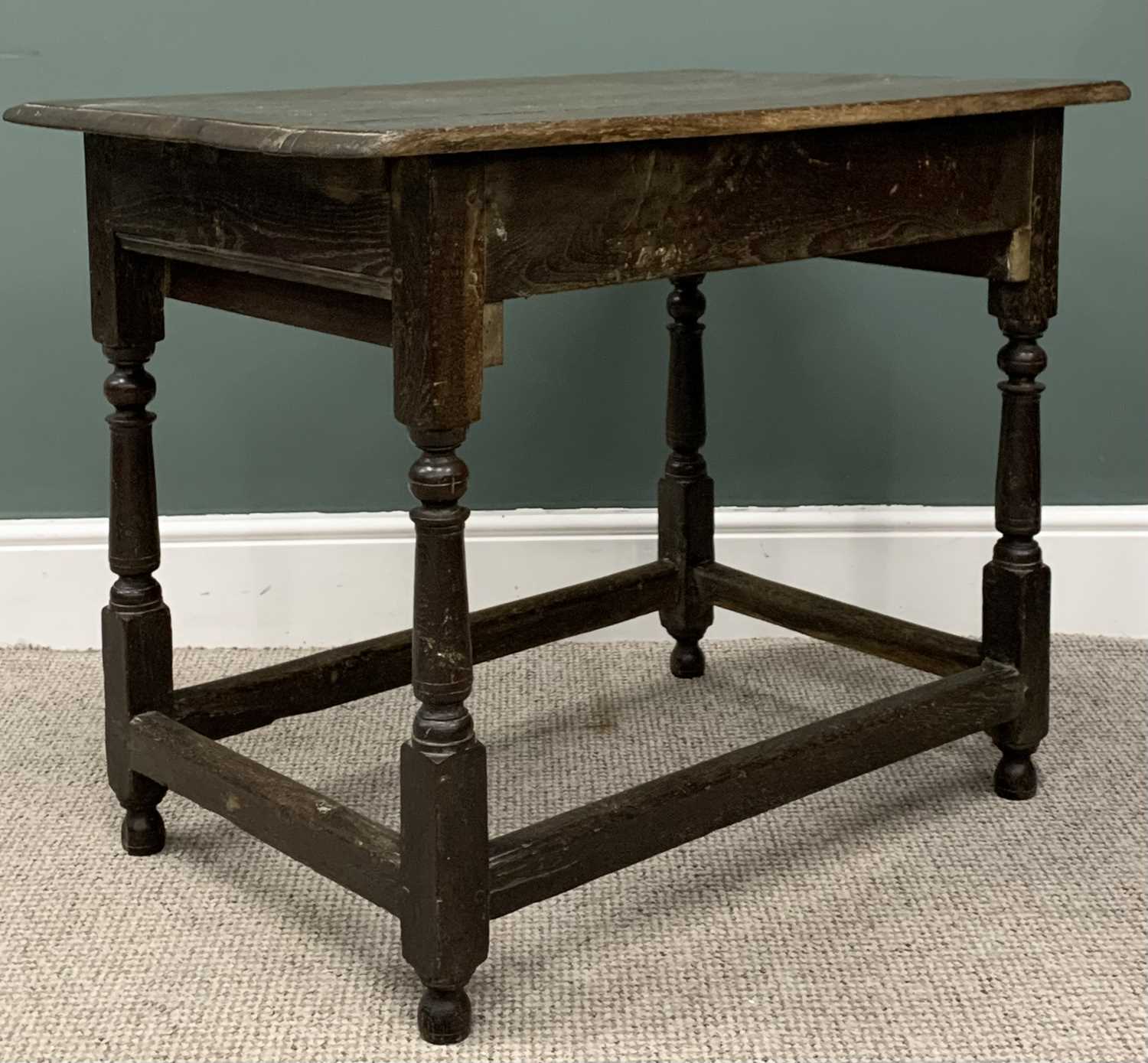 ANTIQUE OAK SINGLE DRAWER TABLE circa 1800, planked top, moulded edge, carved drawer front, peg - Image 2 of 4