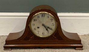 D.R.G.M GONG STRIKE MANTEL CLOCK, shaped mahogany case, walnut and boxwood inlaid, circular dial,