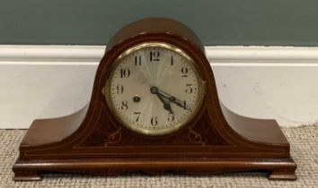 D.R.G.M GONG STRIKE MANTEL CLOCK, shaped mahogany case, walnut and boxwood inlaid, circular dial,