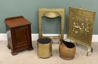 VICTORIAN & LATER FIRESIDE ITEMS, to include mahogany fall front coal box, lined interior, brass