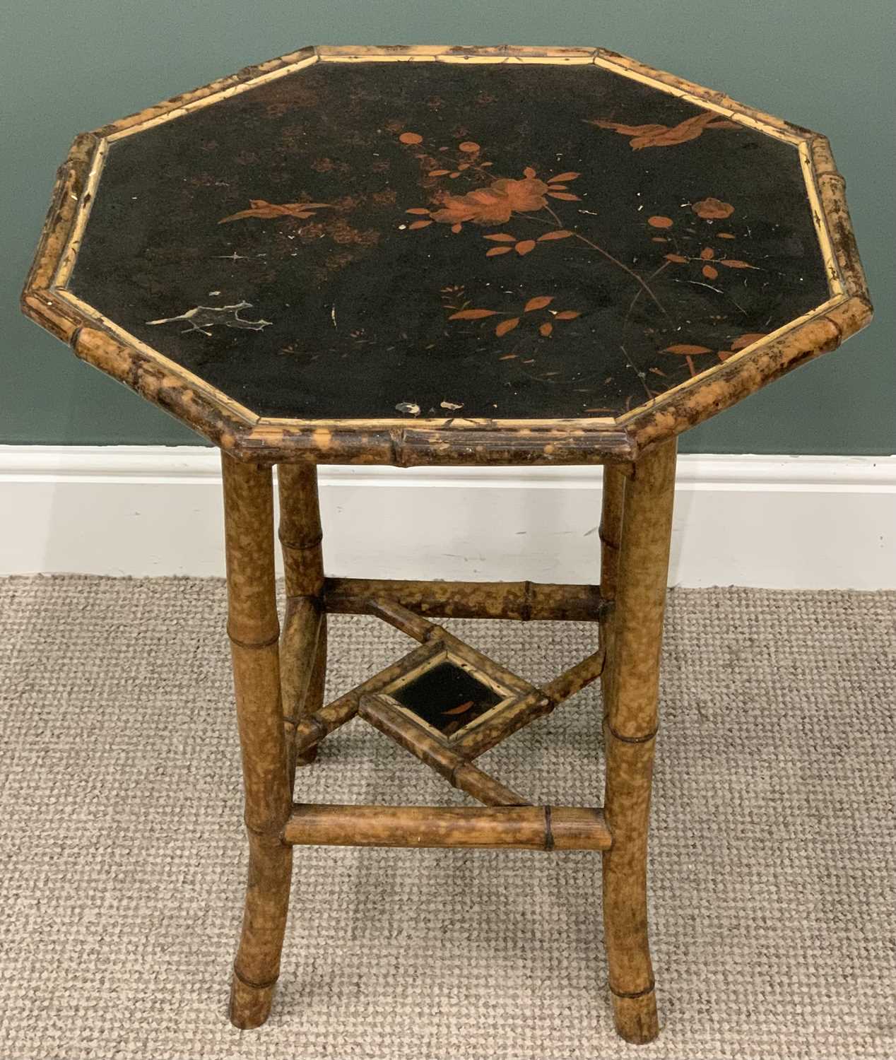 VICTORIAN BAMBOO SIDE TABLE & A FRAMED MODERN TAPESTRY, octagonal top, lacquered bird and floral - Image 2 of 4