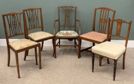 HARLEQUIN GROUP OF FIVE INLAID MAHOGANY SIDE CHAIRS comprising armchair, swept arms, shaped front