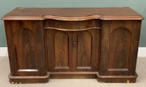 VICTORIAN MAHOGANY SERPENTINE SIDEBOARD BASE, shaped moulded edge top, central frieze drawer, twin