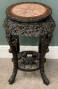 CHINESE CARVED HARDWOOD TWO-TIER STAND, circular inset pink marble top, blossom and mythical beast