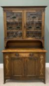 ARTS & CRAFTS OAK BOOKCASE SIDEBOARD, twin leaded stained glass upper doors, interior adjustable