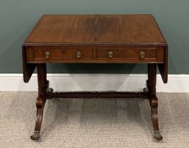 REGENCY STYLE MAHOGANY SOFA TABLE having two drawers, twin flaps, turned supports and cross