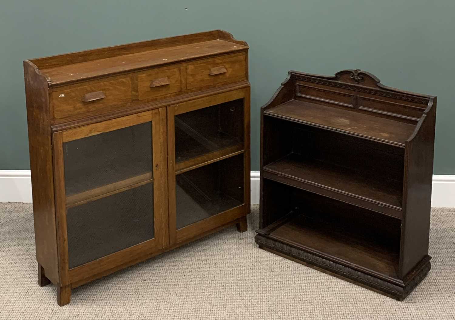 TWO POLISHED OAK BOOKCASES, comprising light oak example, three quarter upper rail, three frieze