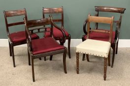 FIVE REGENCY MAHOGANY CHAIRS to include two scroll end armchairs, reeded front example, curved back,