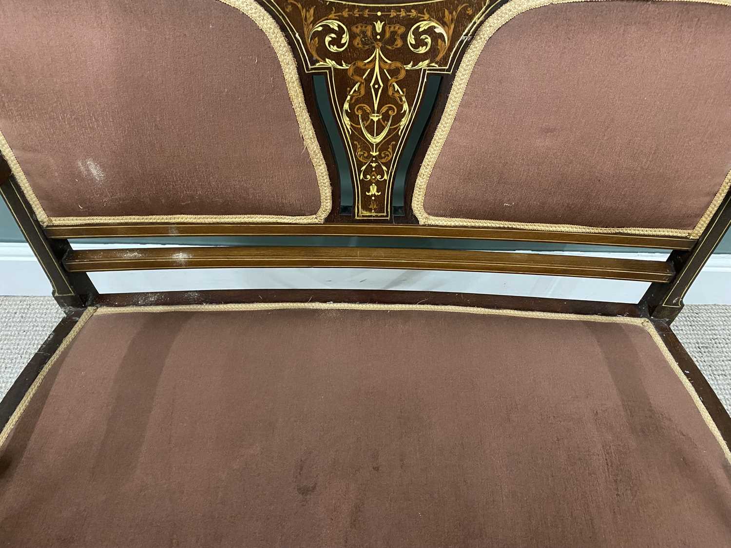 INLAID MAHOGANY TWO SEATER SALON SETTEE, ribbon, floral and swag inlay, upholstered back pads and - Image 2 of 3