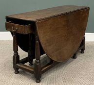 LARGE ANTIQUE OAK GATELEG TABLE with peg-joined construction, single end drawer, turned and block