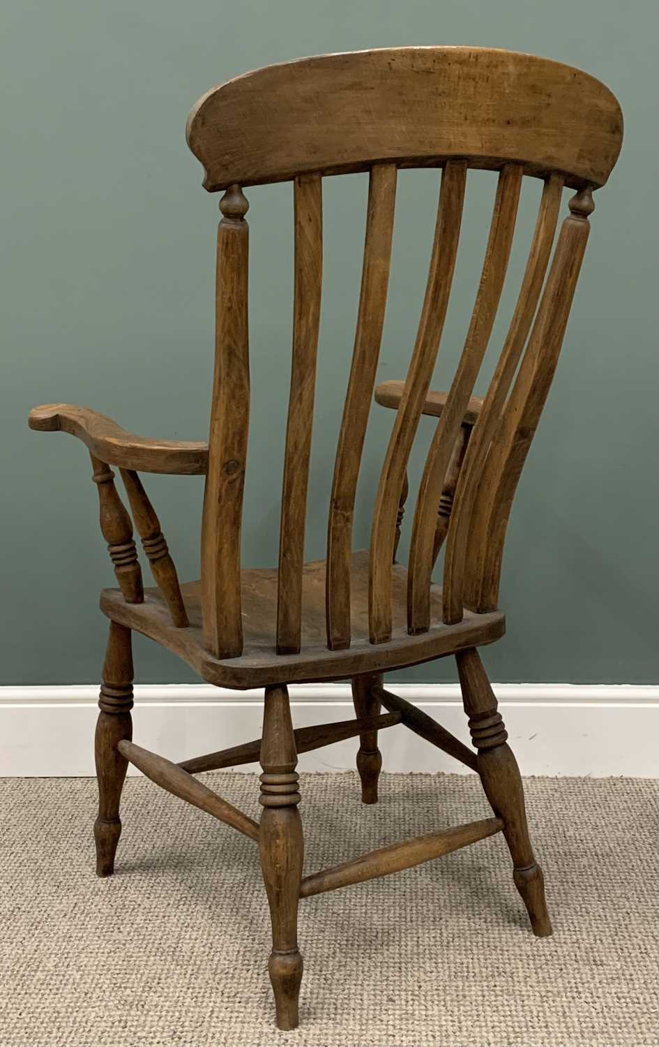 ASH & ELM FARMHOUSE WINDSOR CHAIR, slightly curved back, swept curled end arms, turned spindles, - Image 3 of 4