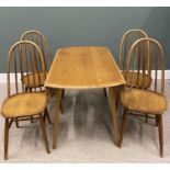 ERCOL TWIN FLAP DINING TABLE & FOUR HOOP-BACK DINING CHAIRS, 74 (h) x 69 (w closed) x 110cms (l) and
