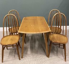 ERCOL TWIN FLAP DINING TABLE & FOUR HOOP-BACK DINING CHAIRS, 74 (h) x 69 (w closed) x 110cms (l) and