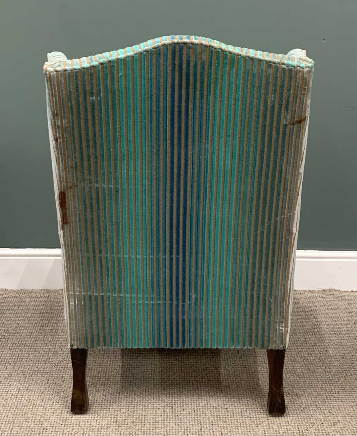 VINTAGE RE-UPHOLSTERED WINGBACK ARMCHAIR, blue striped chenille, oversized seat, Queen Anne front - Image 4 of 4
