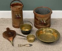 VINTAGE FIRESIDE WARES to include leatherbound coal and log buckets in the style of gun shell