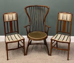 THREE DELICATE ANTIQUE CHAIRS circa 1900, comprising waisted form, curved, stickback armchair, swept