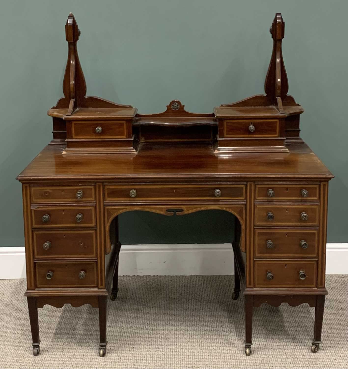 MAHOGANY DRESSING TABLE circa 1900, lacking mirror, boxwood string inlay, two drawer top section