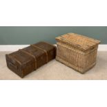 TWO VINTAGE LUGGAGE / LINEN ITEMS, comprising lidded wicker basket, side carry handles, metal rod
