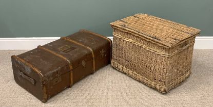 TWO VINTAGE LUGGAGE / LINEN ITEMS, comprising lidded wicker basket, side carry handles, metal rod