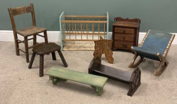 EIGHT ITEMS OF VINTAGE COLLECTABLES / FURNITURE comprising doll's cot, 48cms (h), 63.5cms (l), 31cms
