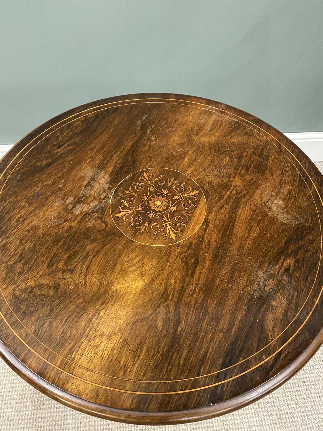 CIRCULAR TOP INLAID ROSEWOOD SIDE TABLE, circa 1900, floriate central roundel, triple urn shaped - Image 2 of 4