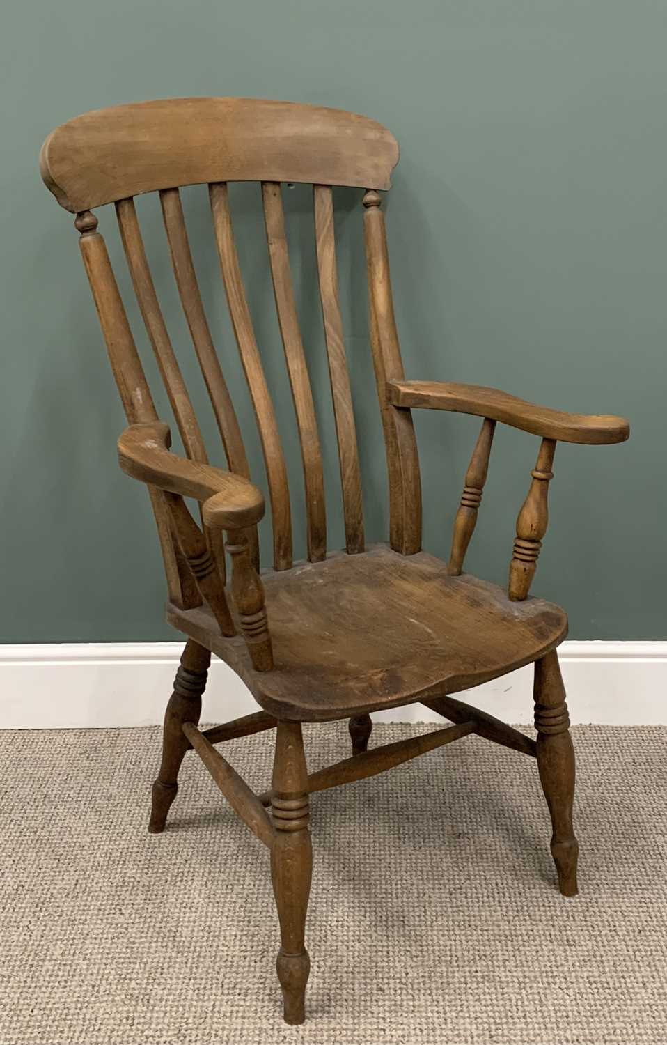 ASH & ELM FARMHOUSE WINDSOR CHAIR, slightly curved back, swept curled end arms, turned spindles, - Image 2 of 4