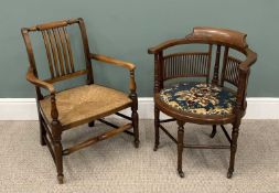 TWO SMALL ARMCHAIRS Edwardian and later, comprising line-inlaid mahogany tub type example, curved
