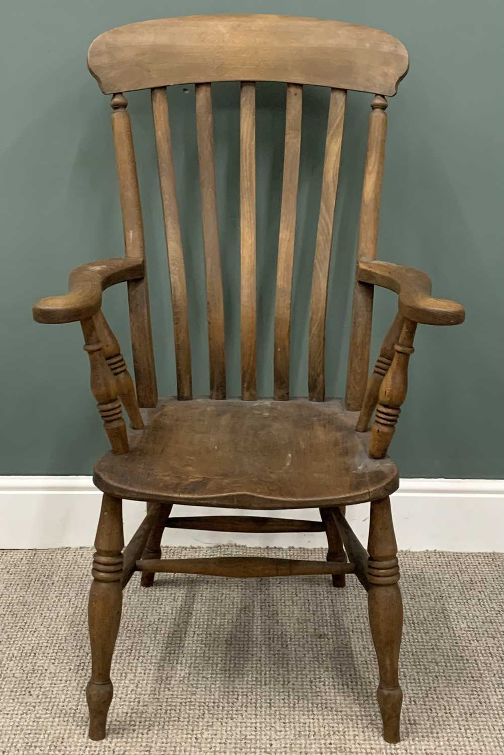 ASH & ELM FARMHOUSE WINDSOR CHAIR, slightly curved back, swept curled end arms, turned spindles,