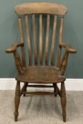 ASH & ELM FARMHOUSE WINDSOR CHAIR, slightly curved back, swept curled end arms, turned spindles,