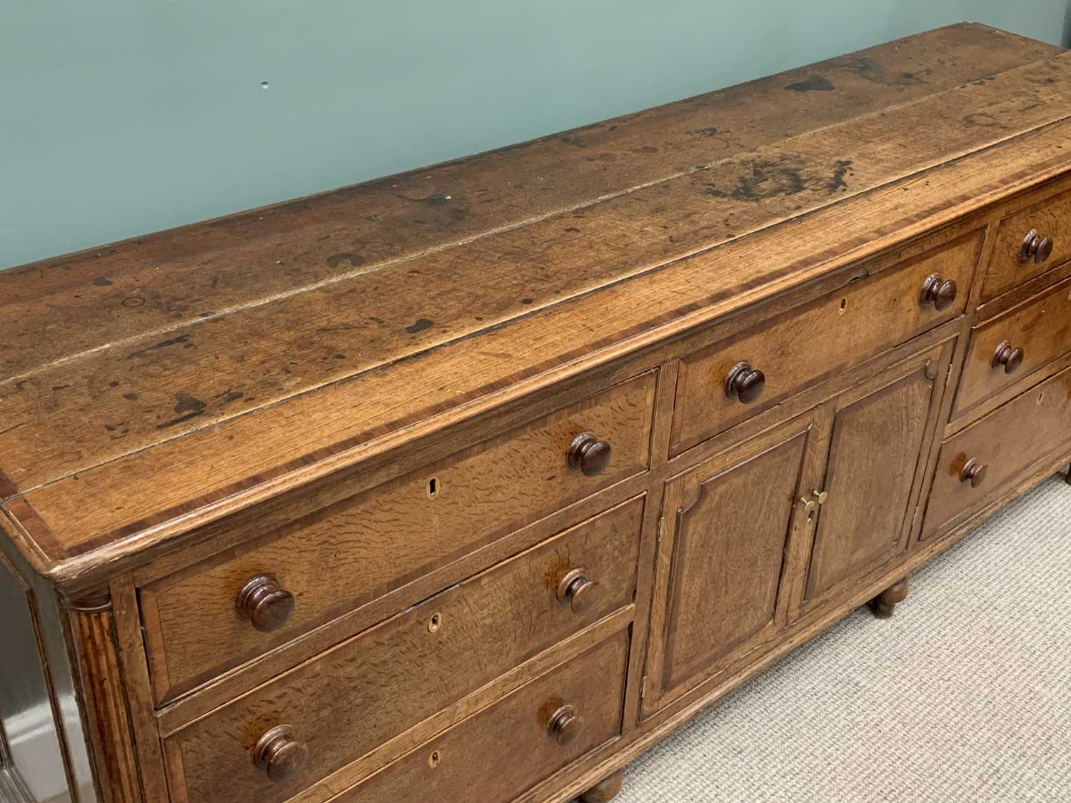 GEORGE III OAK & CROSS BANDED MAHOGANY LANCASHIRE DRESSER, circa 1800, shaped frieze, three shelf - Image 7 of 13