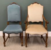 TWO CARVED WALNUT SIDE CHAIRS comprising armchair, cream fabric upholstered back and seat, leaf