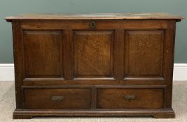 18TH CENTURY JOINED OAK MULE CHEST, three plank moulded edge top, triple chamfered panel front, twin
