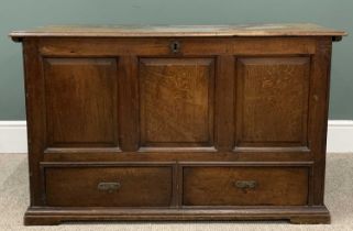 18TH CENTURY JOINED OAK MULE CHEST, three plank moulded edge top, triple chamfered panel front, twin