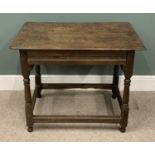 ANTIQUE OAK SINGLE DRAWER TABLE circa 1800, planked top, moulded edge, carved drawer front, peg