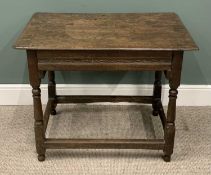 ANTIQUE OAK SINGLE DRAWER TABLE circa 1800, planked top, moulded edge, carved drawer front, peg