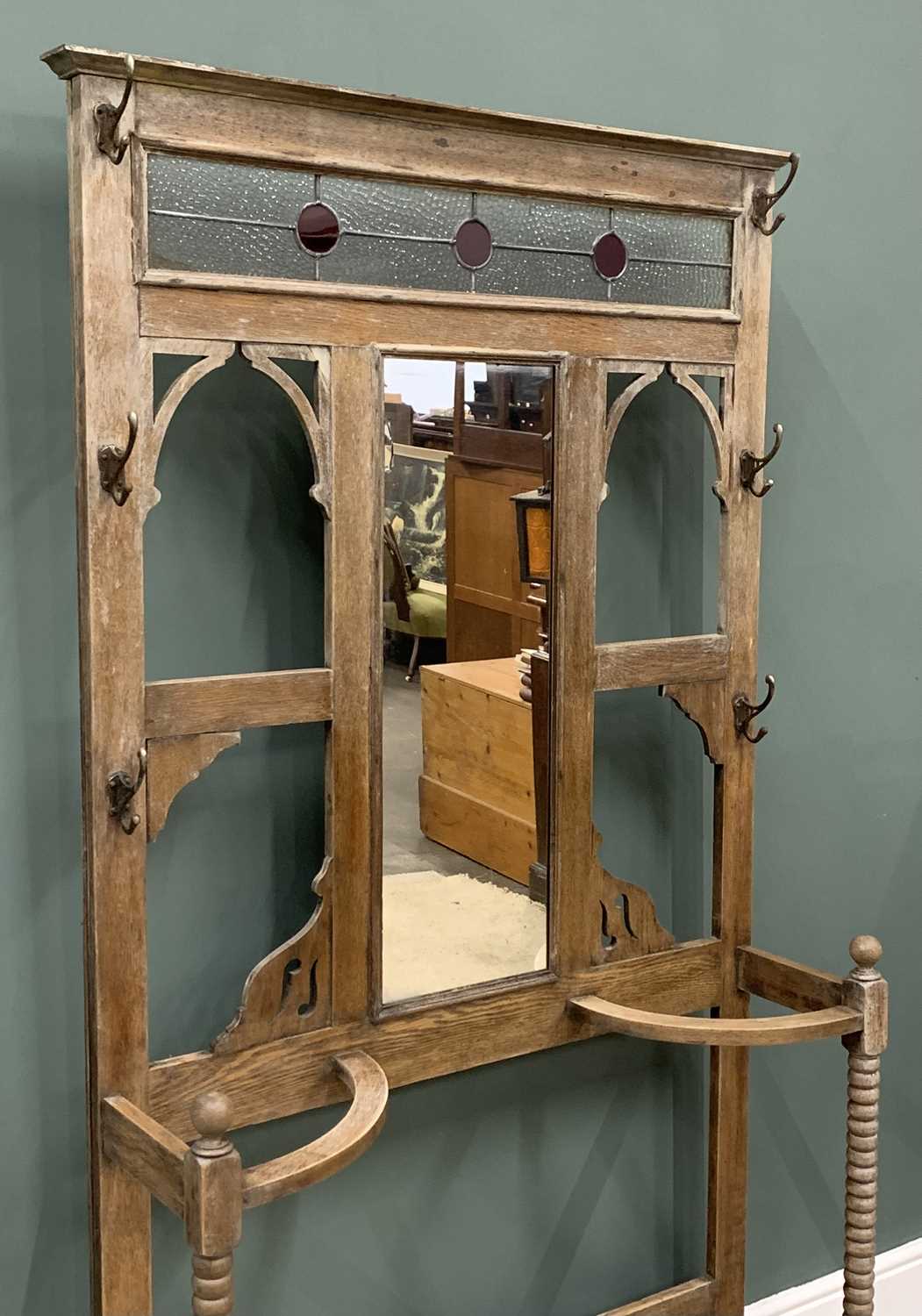 OAK MIRRORED HALL STAND, stained and leaded glass upper panel, twin curved brolley/stick - Image 2 of 5