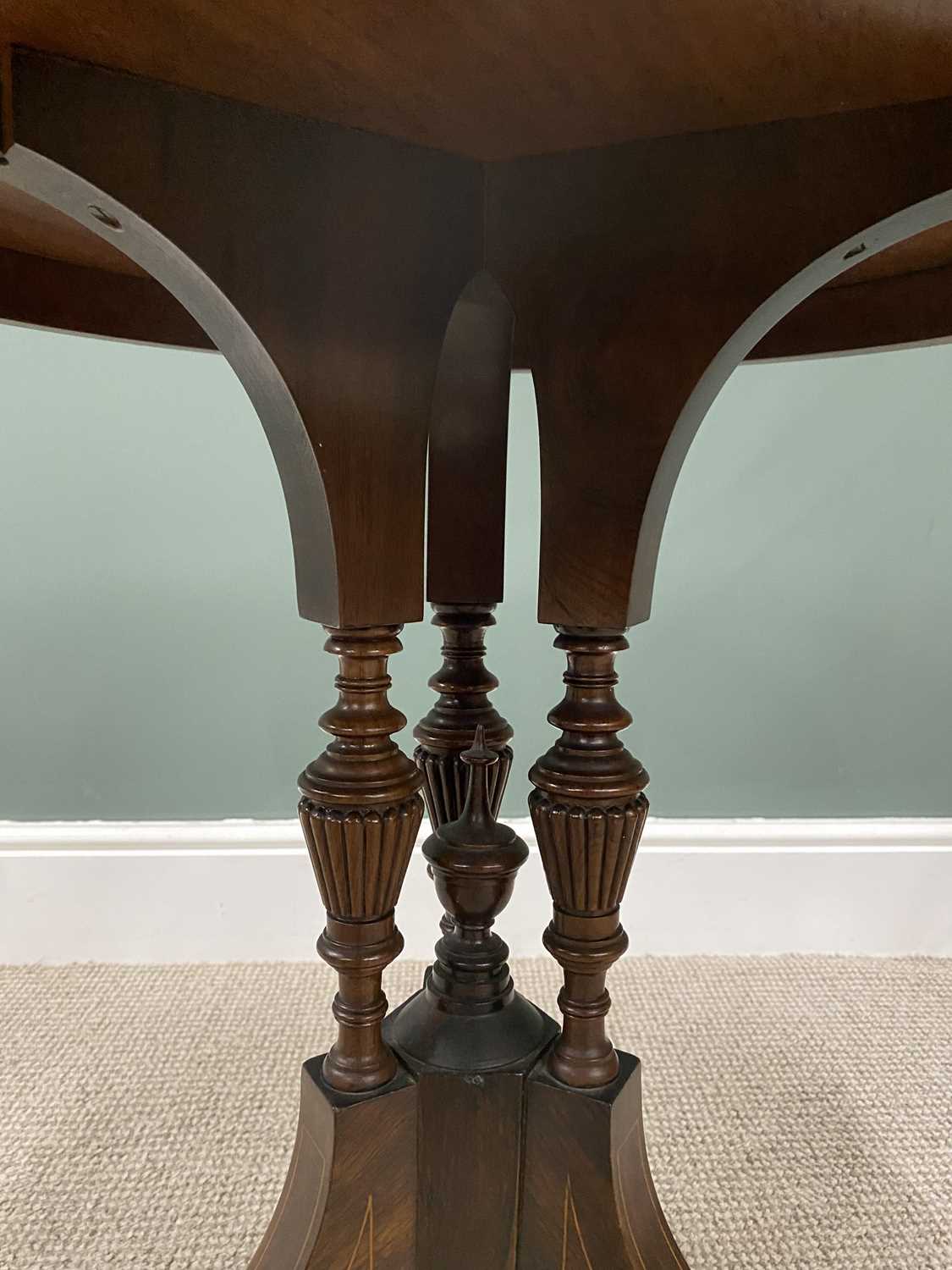 CIRCULAR TOP INLAID ROSEWOOD SIDE TABLE, circa 1900, floriate central roundel, triple urn shaped - Image 3 of 4