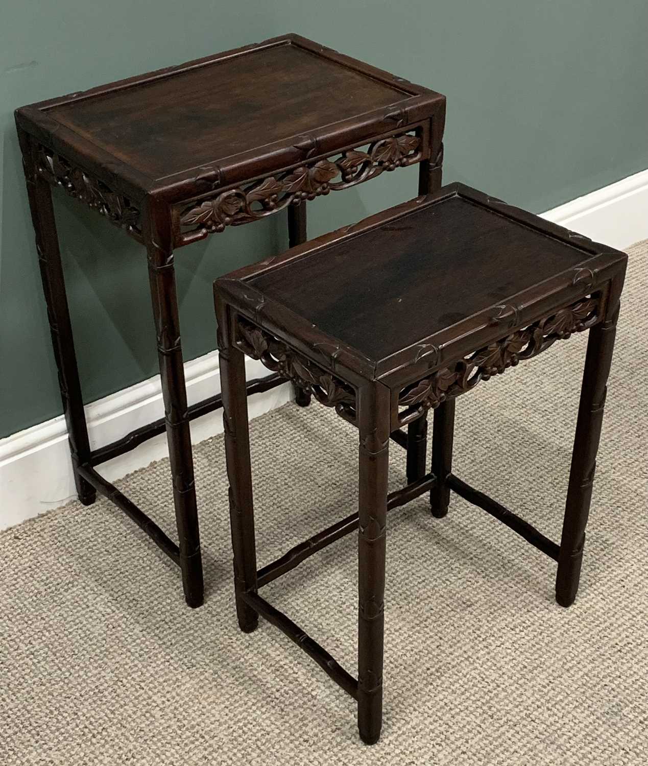 FOUR ORIENTAL TABLES, comprising pair Chinese carved hardwood, leaf and berry frieze detail, - Image 2 of 11