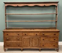 GEORGE III OAK & CROSS BANDED MAHOGANY LANCASHIRE DRESSER, circa 1800, shaped frieze, three shelf