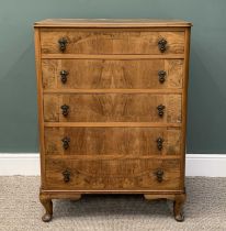 WALNUT CHEST OF FIVE LONG DRAWERS, quarter veneered top, Art Deco style metal handles, rounded front