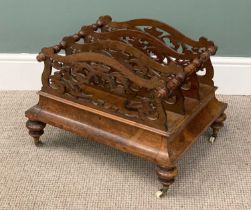 VICTORIAN WALNUT CANTERBURY, turned handles, four fretwork dividers, shaped lower drawer, turned
