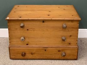 VINTAGE STRIPPED PINE BLANKET CHEST, iron carry handles, lift lid, base drawer, turned wooden knobs,