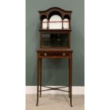 EDWARDIAN CROSSBANDED MAHOGANY DISPLAY TOP SIDE TABLE, (marriage), shaped top canopy mirror,